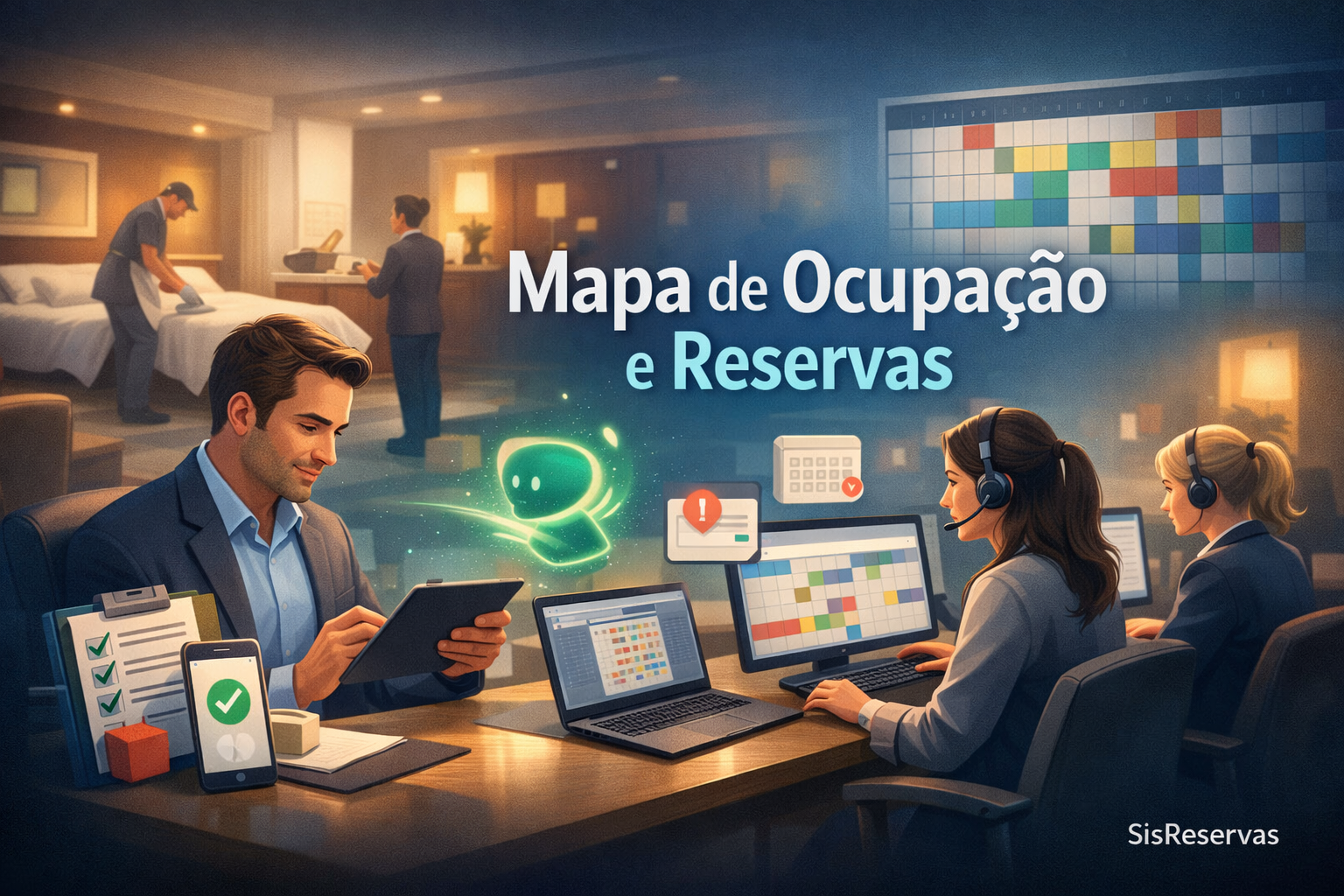 Como o mapa de ocupação ajuda a organizar reservas, quartos e bloqueios